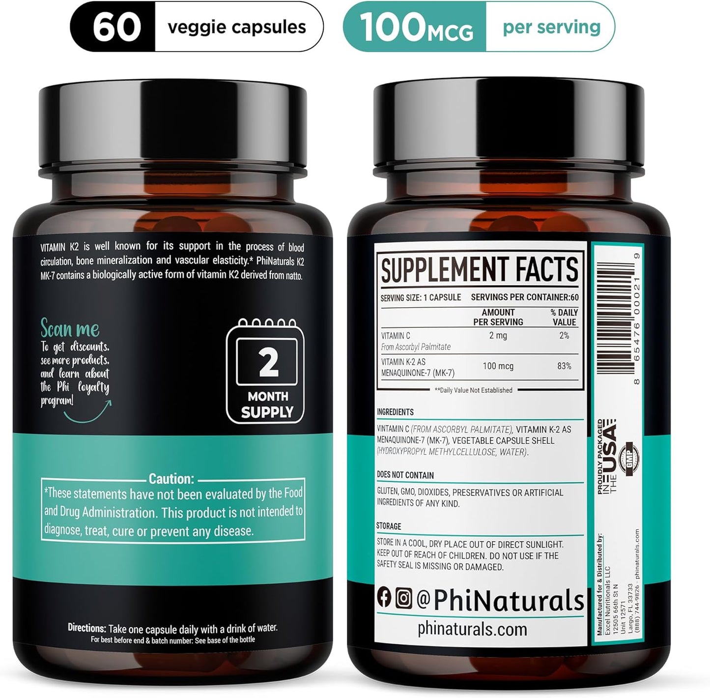 Vegan Vitamin K2 Mk7 100mcg Capsules for Bone and Heart Health - Natto Derived VIT K-2 MK-7 Supplement