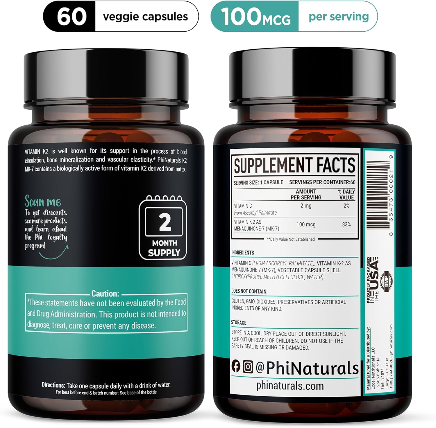 Vegan Vitamin K2 Mk7 100mcg Capsules for Bone and Heart Health - Natto Derived VIT K-2 MK-7 Supplement