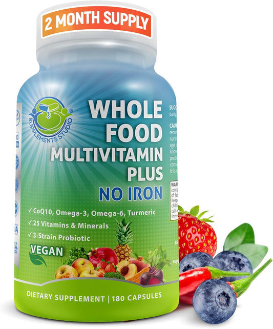 Vegan Whole Food Multivitamin for Women and Men, 180 Count - Made with Fruits & Vegetables, B-Complex, Probiotics, Enzymes, CoQ10, Omegas, Turmeric - Non-GMO