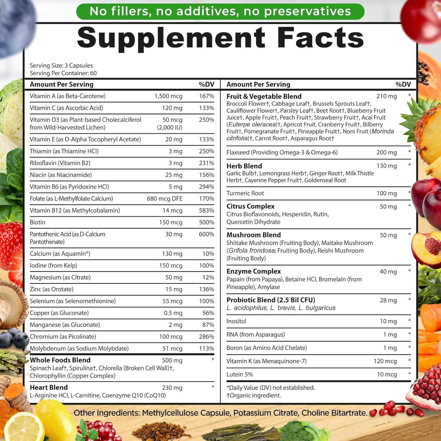 Vegan Whole Food Multivitamin for Women and Men, 180 Count - Made with Fruits & Vegetables, B-Complex, Probiotics, Enzymes, CoQ10, Omegas, Turmeric - Non-GMO