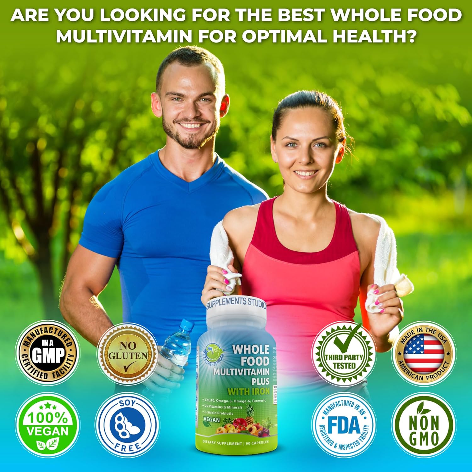 Vegan Whole Food Multivitamin with Iron, Daily Supplement for Women and Men, 90 Count, Non-GMO