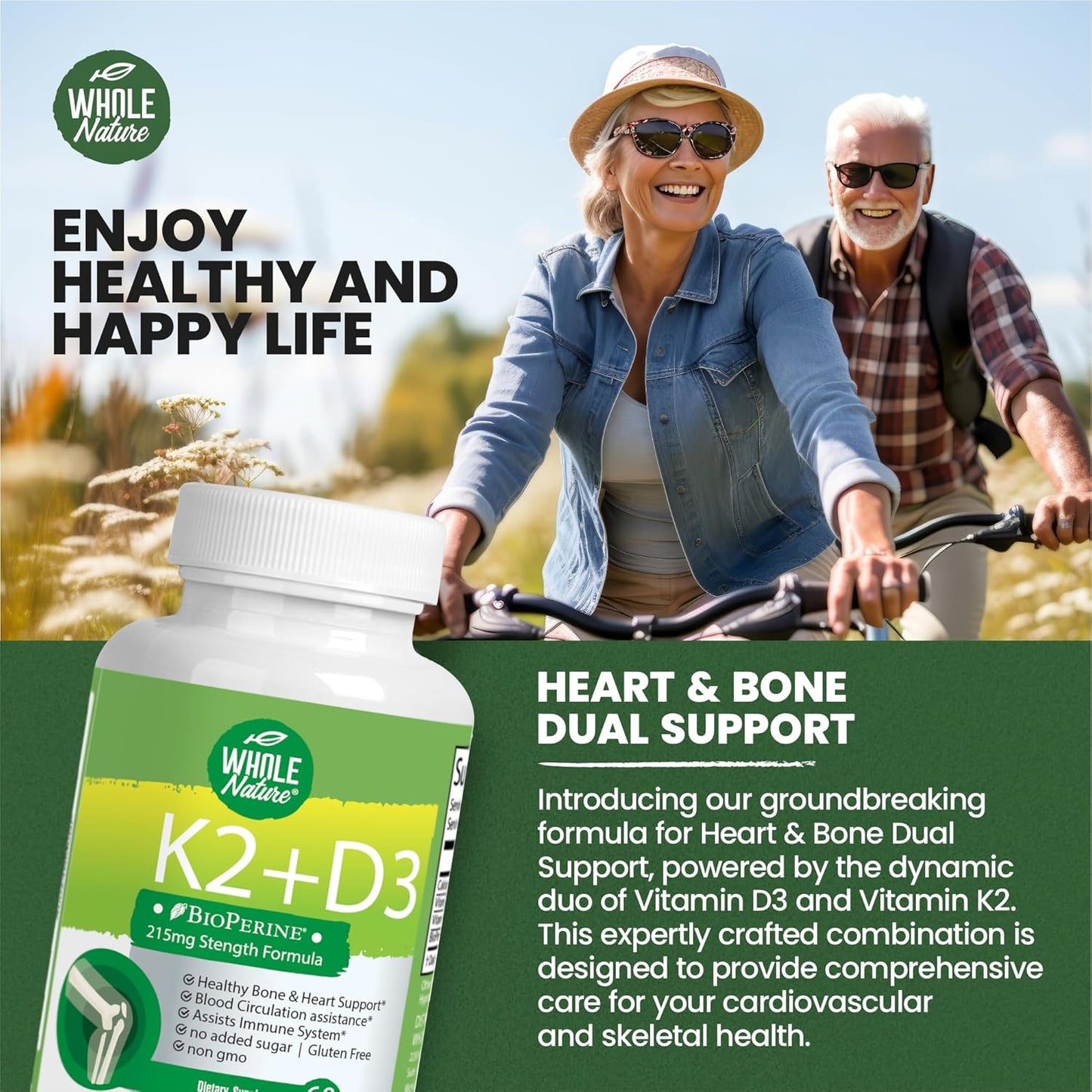 Vegan Whole Nature K2 D3 Vitamin Supplement with BioPerine - 60 Capsules for Heart & Bone Health