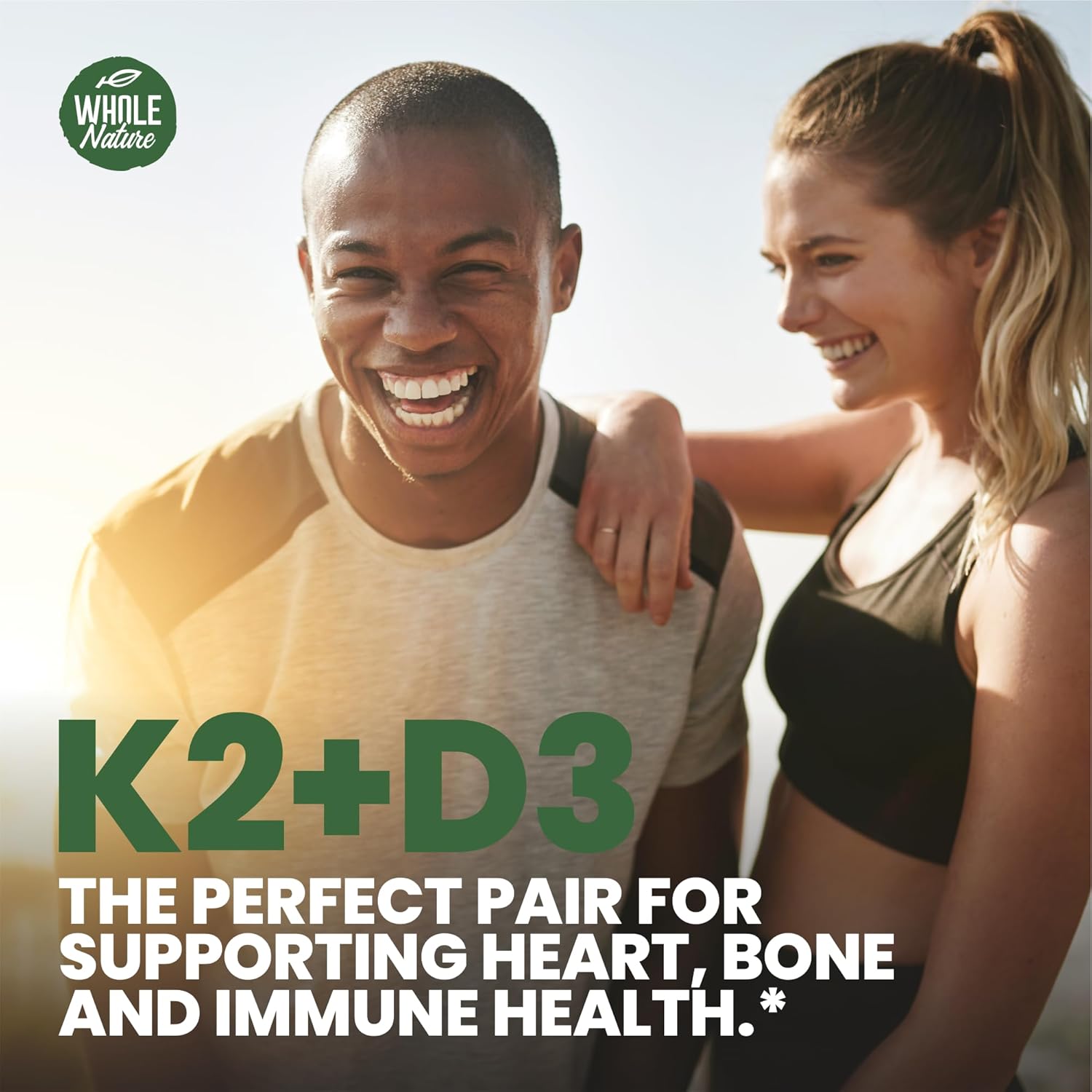 Vegan Whole Nature K2 D3 Vitamin Supplement with BioPerine - 60 Capsules for Heart & Bone Health