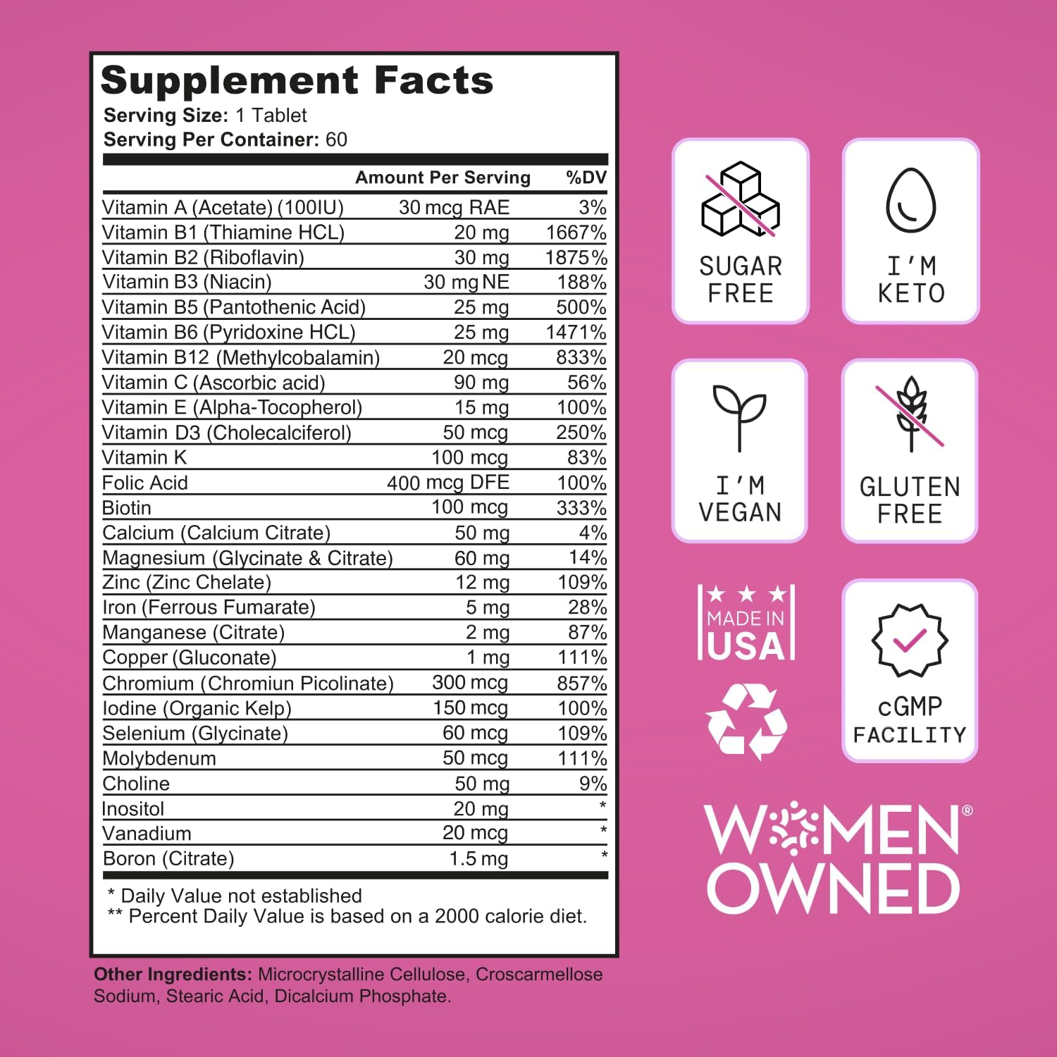 Vegan Women's Multivitamin with 28 Nutrients for Energy, Sleep, Skin, and Cravings - Gluten-Free Keto Supplement - 2-Month Supply from USA