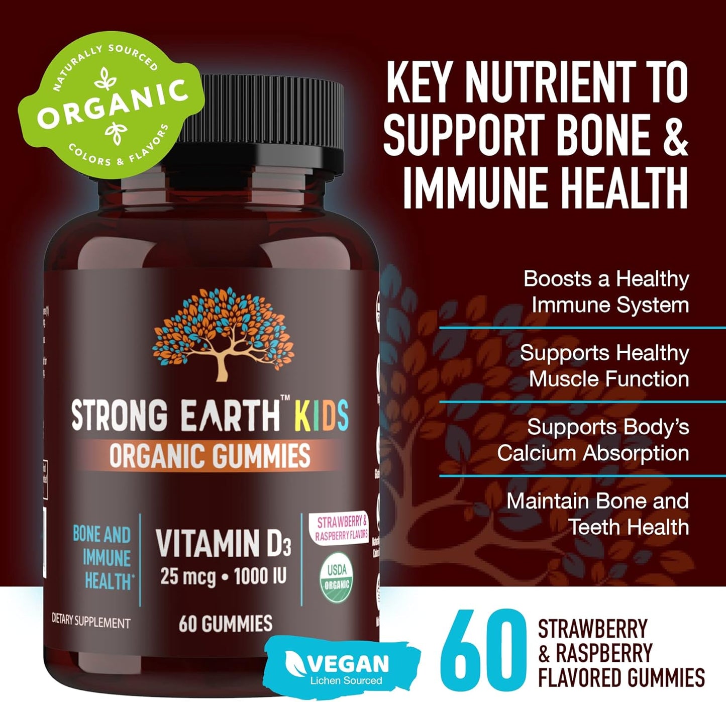 Vegan YUM-V'S Strong Earth Organic Vitamin D3 Gummies - 1000 IU (60 Count) for Bone & Immune Support
