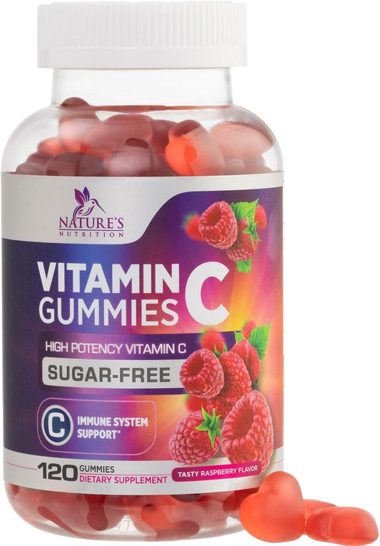 Vegan Zero Sugar Vitamin C Gummies - Immune Support & Antioxidant Supplement - Non-GMO, Gluten Free - Raspberry Flavor - 120 Count