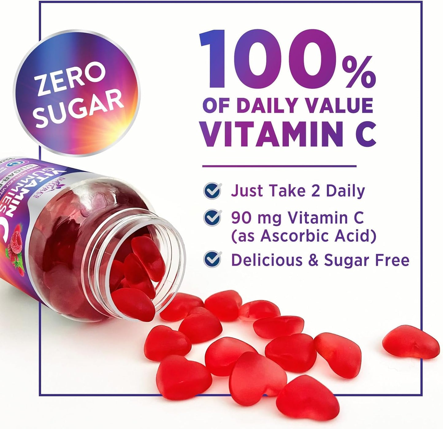 Vegan Zero Sugar Vitamin C Gummies - Immune Support & Antioxidant Supplement - Non-GMO, Gluten Free - Raspberry Flavor - 120 Count