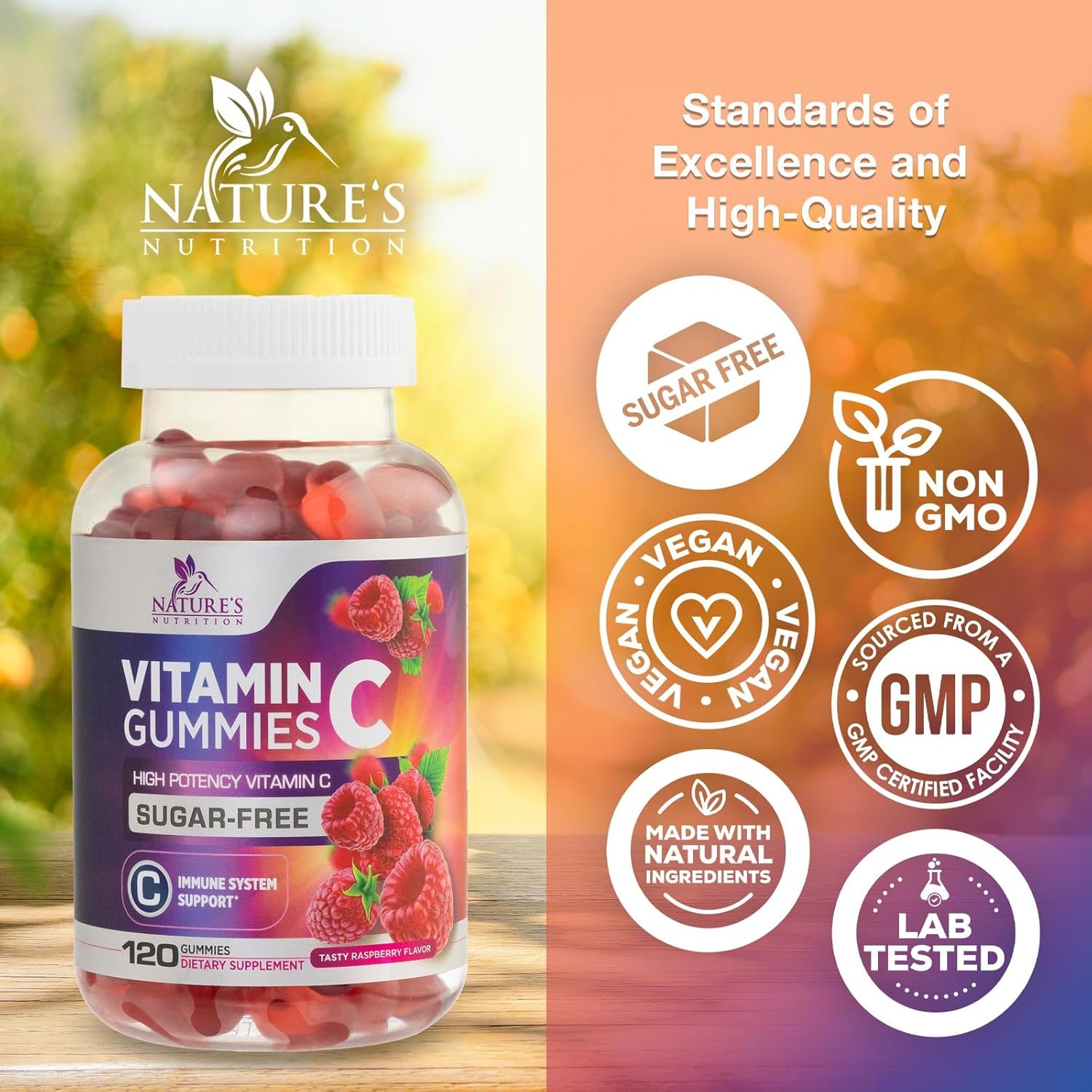 Vegan Zero Sugar Vitamin C Gummies - Immune Support & Antioxidant Supplement - Non-GMO, Gluten Free - Raspberry Flavor - 120 Count