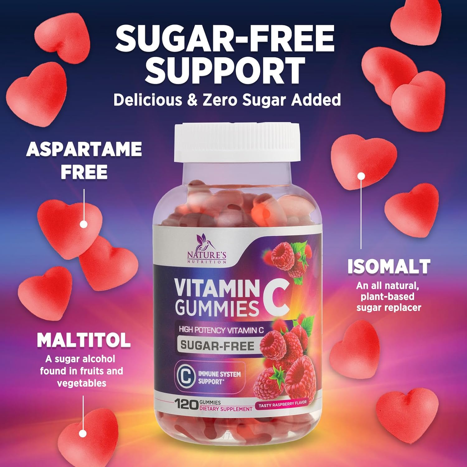 Vegan Zero Sugar Vitamin C Gummies - Immune Support & Antioxidant Supplement - Non-GMO, Gluten Free - Raspberry Flavor - 120 Count