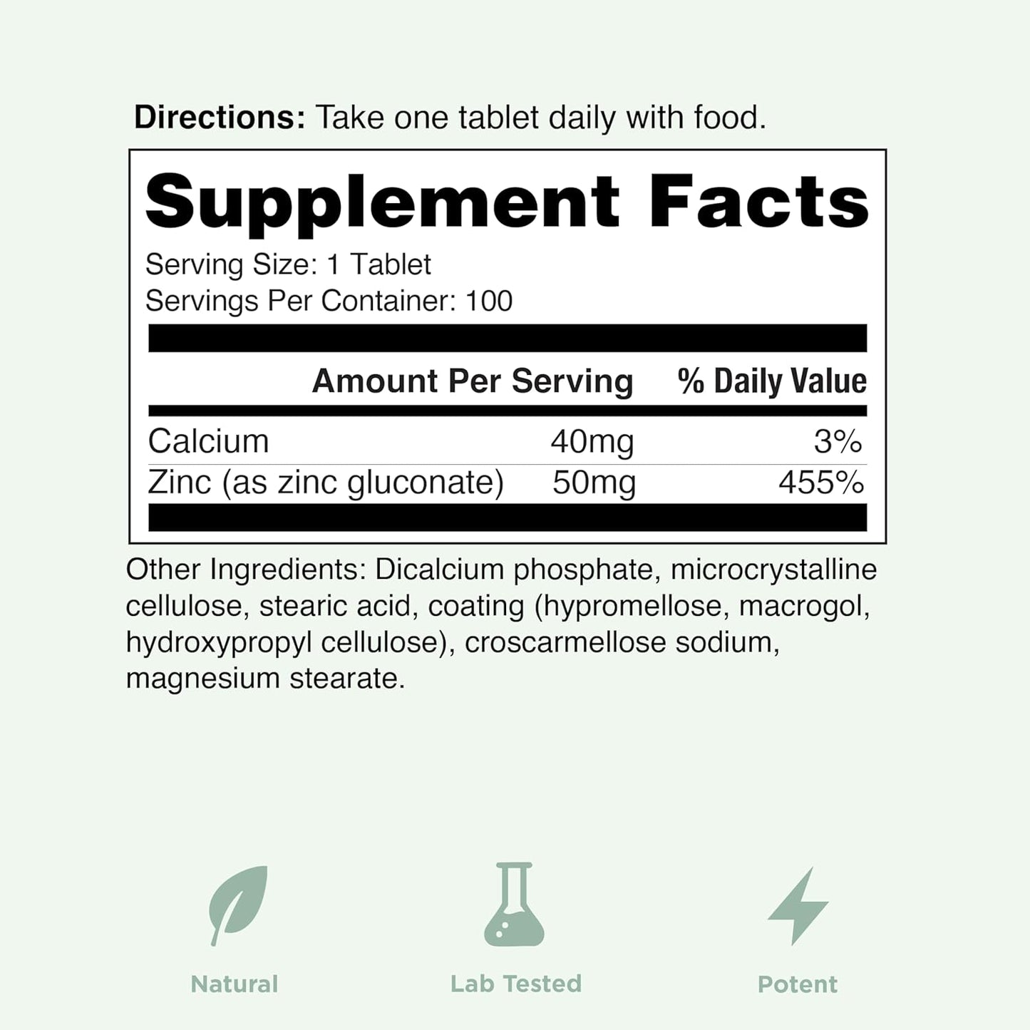 Vegan Zinc Supplements 50mg for Immune Support, Cold & Flu Relief, Acne-Free Skin - 100 Tablets