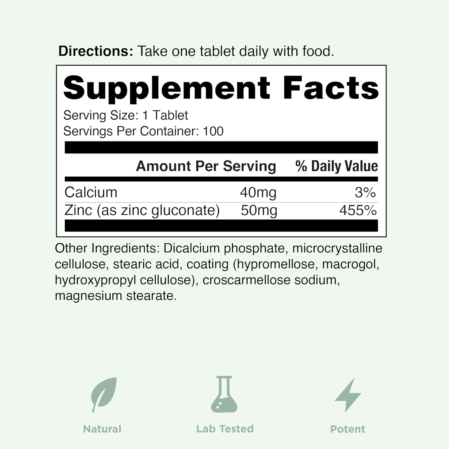 Vegan Zinc Supplements 50mg for Immune Support, Cold & Flu Relief, Acne-Free Skin - 100 Tablets