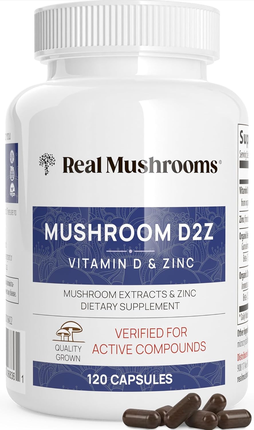Vegan Zinc Supplements with Chaga Reishi for Immune Support - 120ct Vitamin D2 Capsules