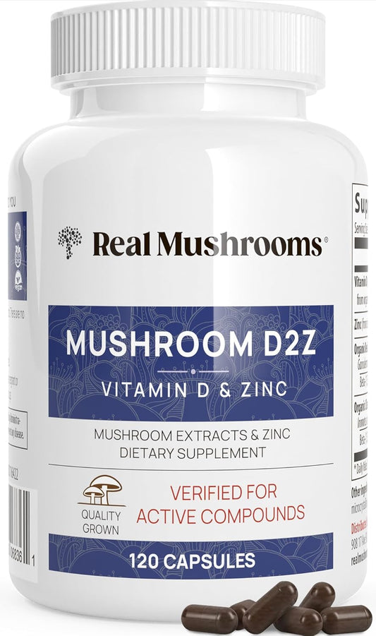 Vegan Zinc Supplements with Chaga Reishi for Immune Support - 120ct Vitamin D2 Capsules