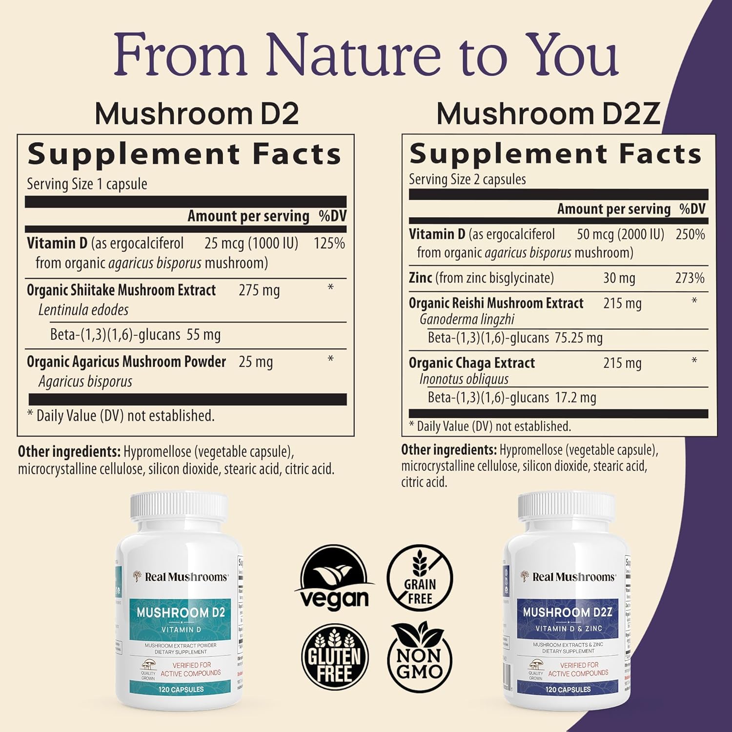 Vegan Zinc Supplements with Chaga Reishi for Immune Support - 120ct Vitamin D2 Capsules