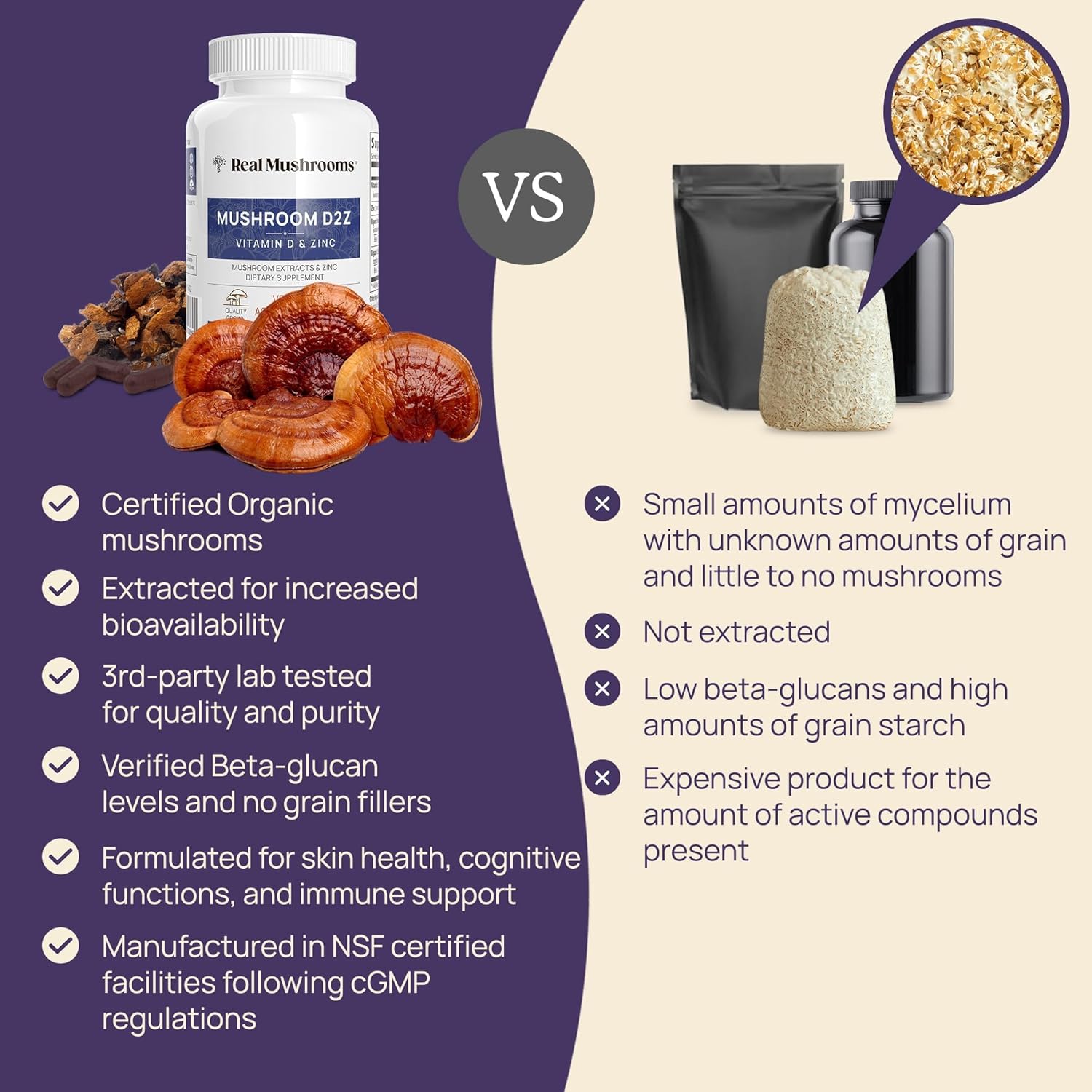 Vegan Zinc Supplements with Chaga Reishi for Immune Support - 120ct Vitamin D2 Capsules