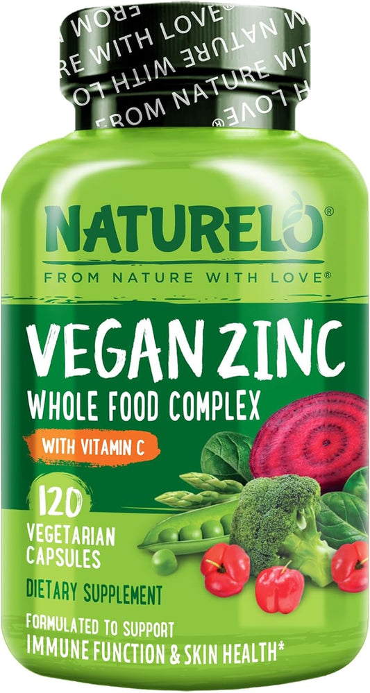 Vegan Zinc Whole Food Complex Supplement with Vitamin C for Immune Support - 120 Capsules