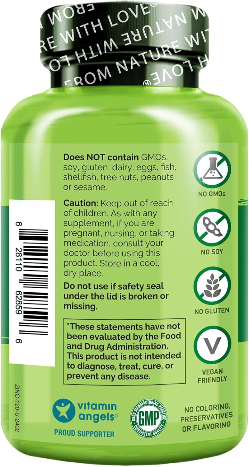 Vegan Zinc Whole Food Complex Supplement with Vitamin C for Immune Support - 120 Capsules