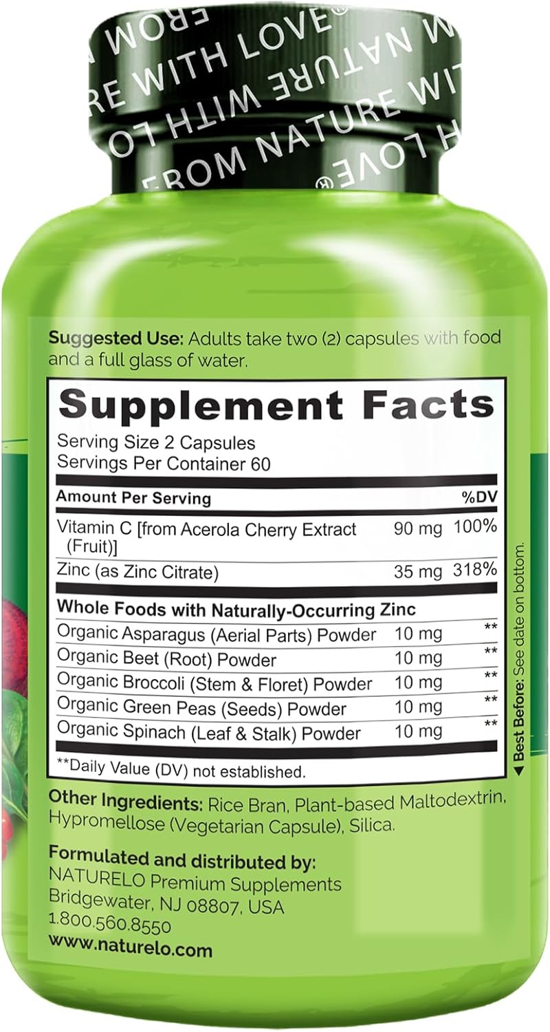 Vegan Zinc Whole Food Complex Supplement with Vitamin C for Immune Support - 120 Capsules