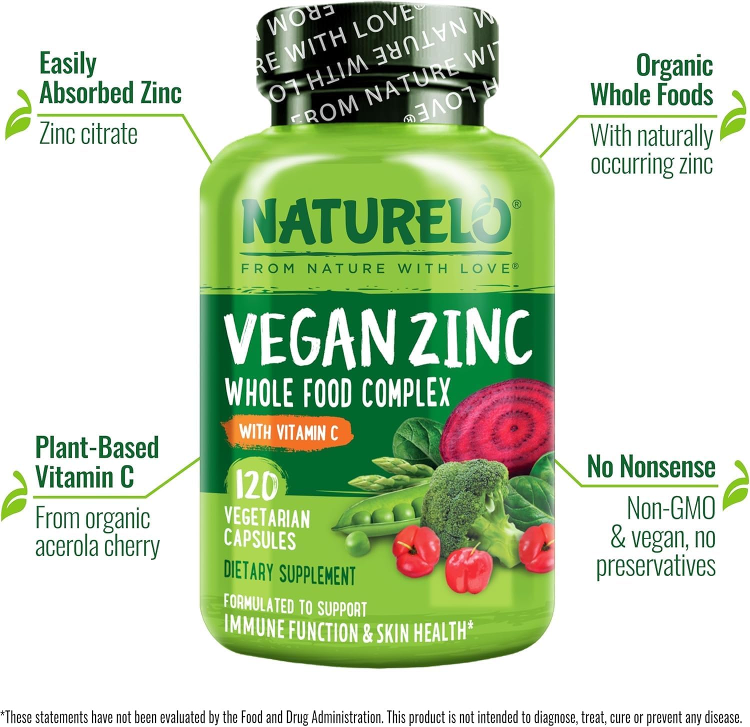 Vegan Zinc Whole Food Complex Supplement with Vitamin C for Immune Support - 120 Capsules