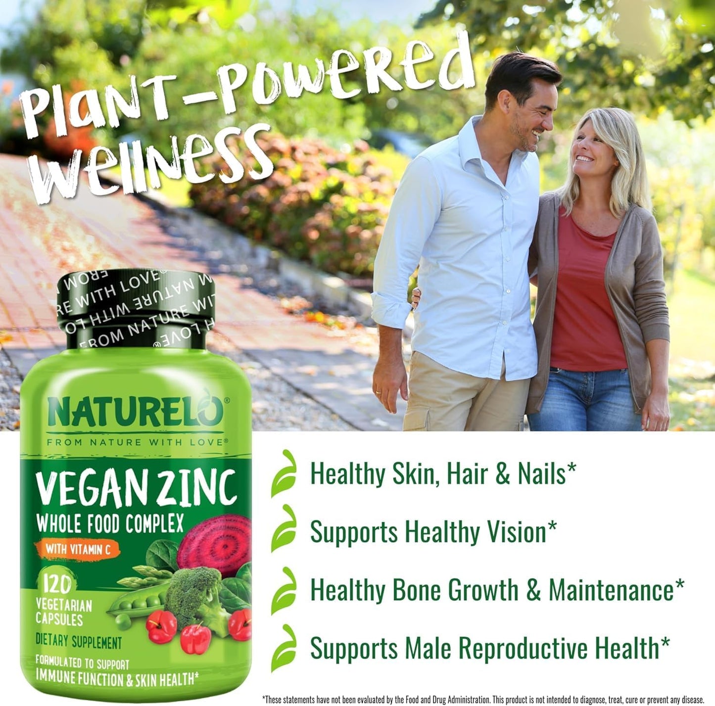 Vegan Zinc Whole Food Complex Supplement with Vitamin C for Immune Support - 120 Capsules