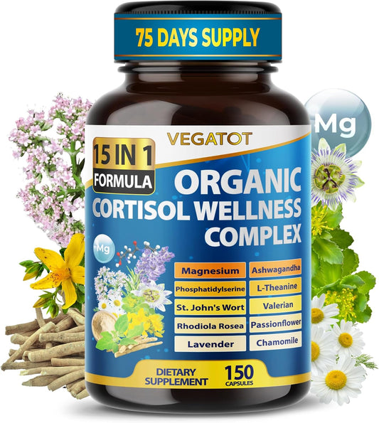 VEGATOT Organic Stress Relief Supplement with 15 Natural Ingredients including Magnesium, Ashwagandha, and Valerian