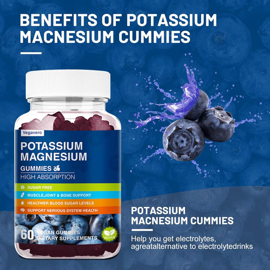 Vegavero Magnesium Potassium Gummies with Omega 3, B6, D3, K2 & Calcium - Blueberry Flavor - 60 Gummies