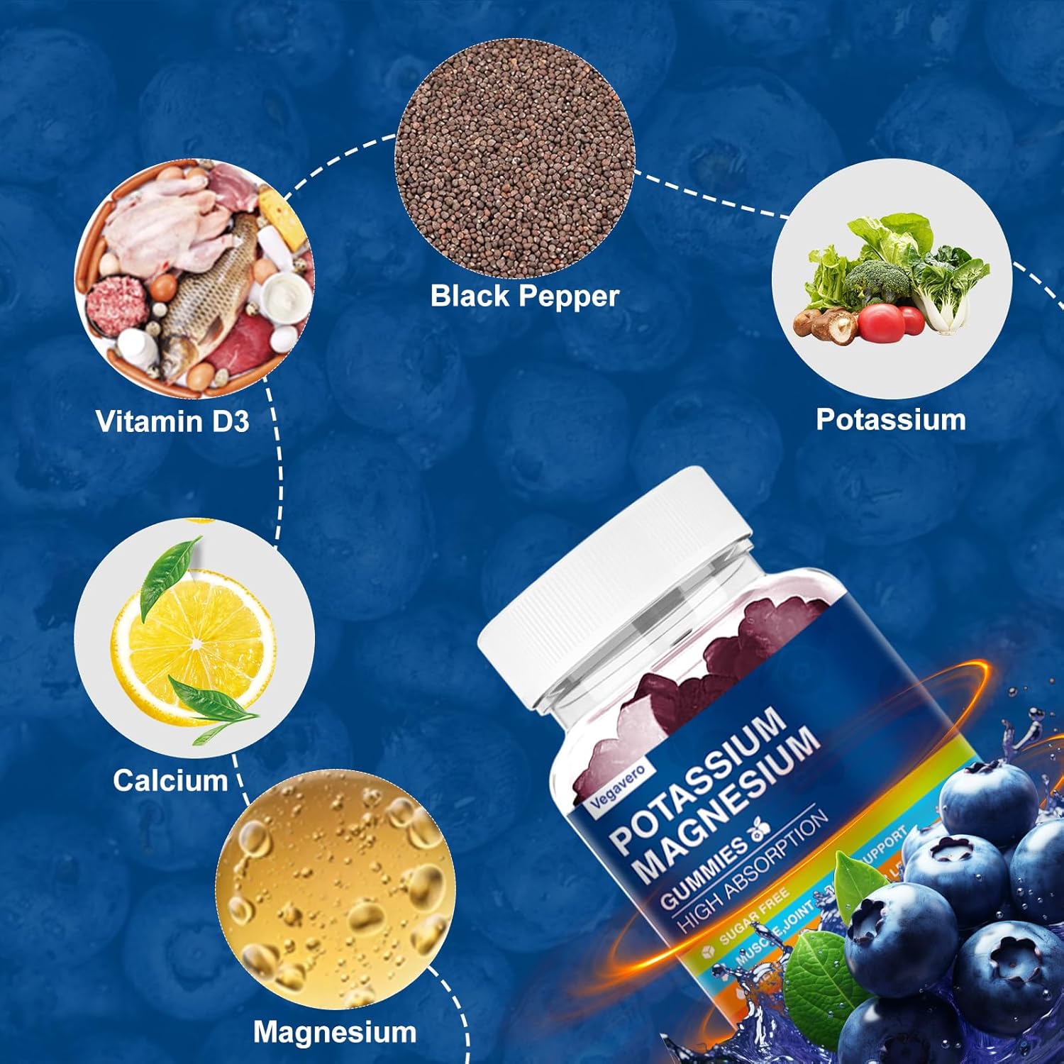 Vegavero Magnesium Potassium Gummies with Omega 3, B6, D3, K2 & Calcium - Blueberry Flavor - 60 Gummies