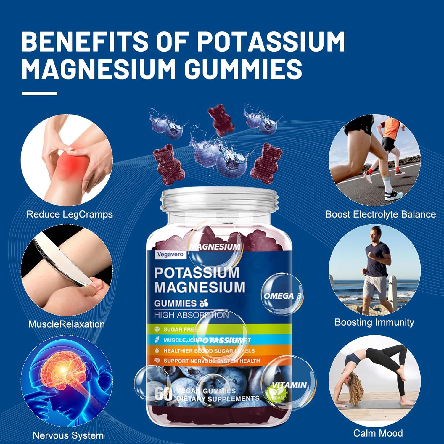Vegavero Magnesium Potassium Gummies with Omega 3, B6, D3, K2 & Calcium - Blueberry Flavor - 60 Gummies