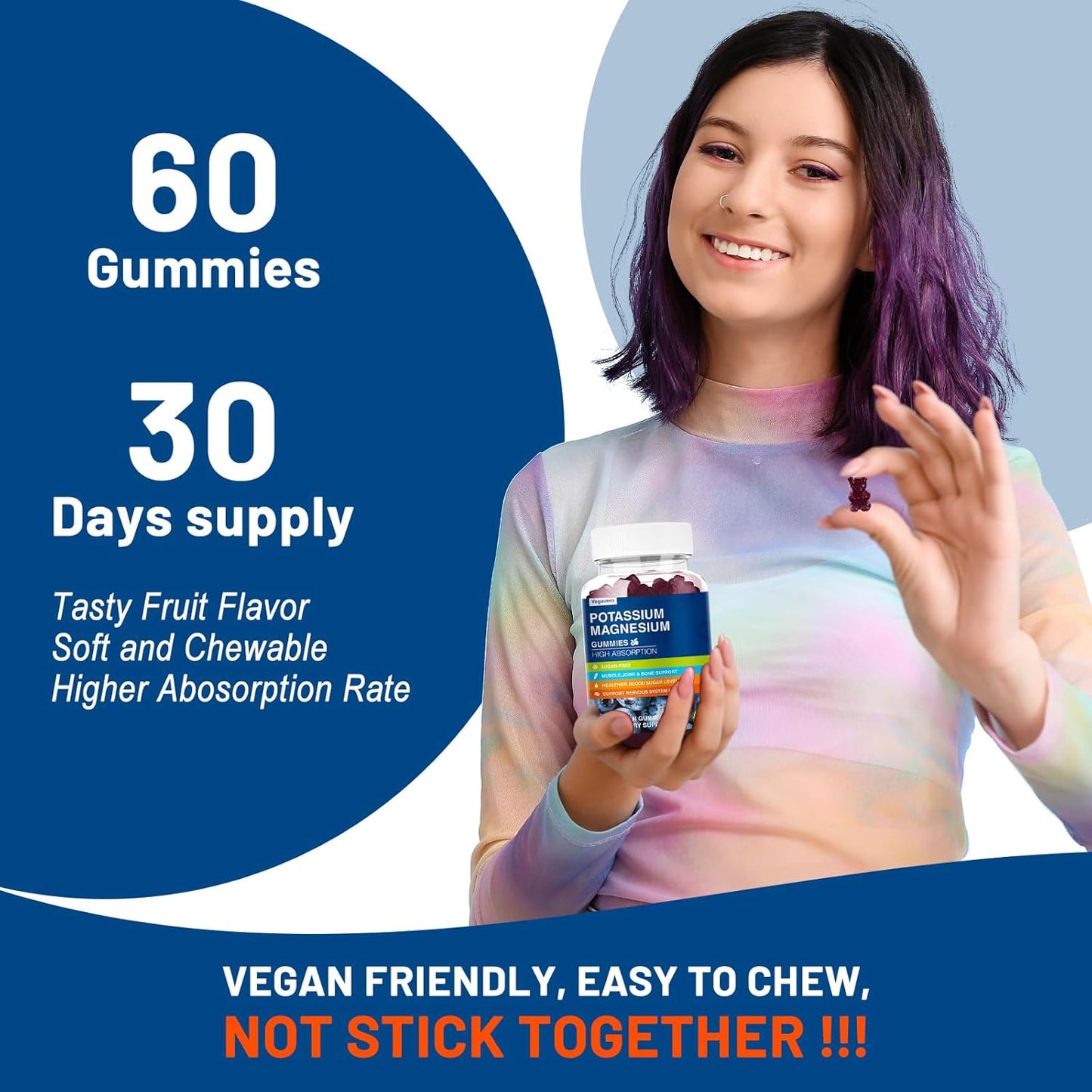 Vegavero Magnesium Potassium Gummies with Omega 3, B6, D3, K2 & Calcium - Blueberry Flavor - 60 Gummies