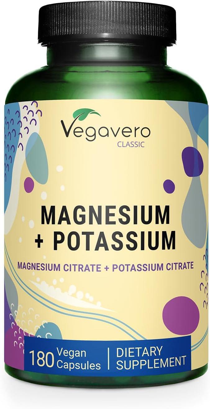 Vegavero Potassium and Magnesium Citrate Supplement - High Bioavailability for Blood Pressure and Nerve Support - 180 Vegan Capsules
