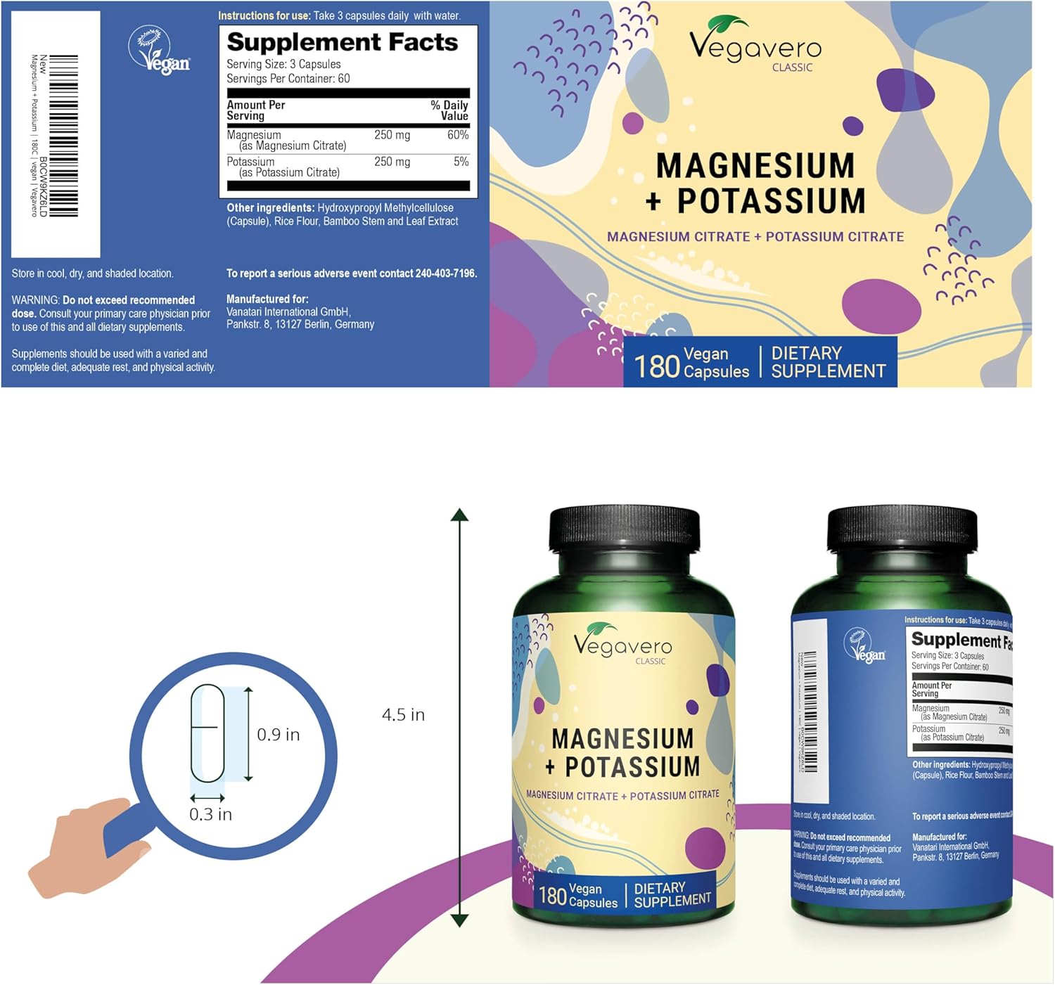 Vegavero Potassium and Magnesium Citrate Supplement - High Bioavailability for Blood Pressure and Nerve Support - 180 Vegan Capsules