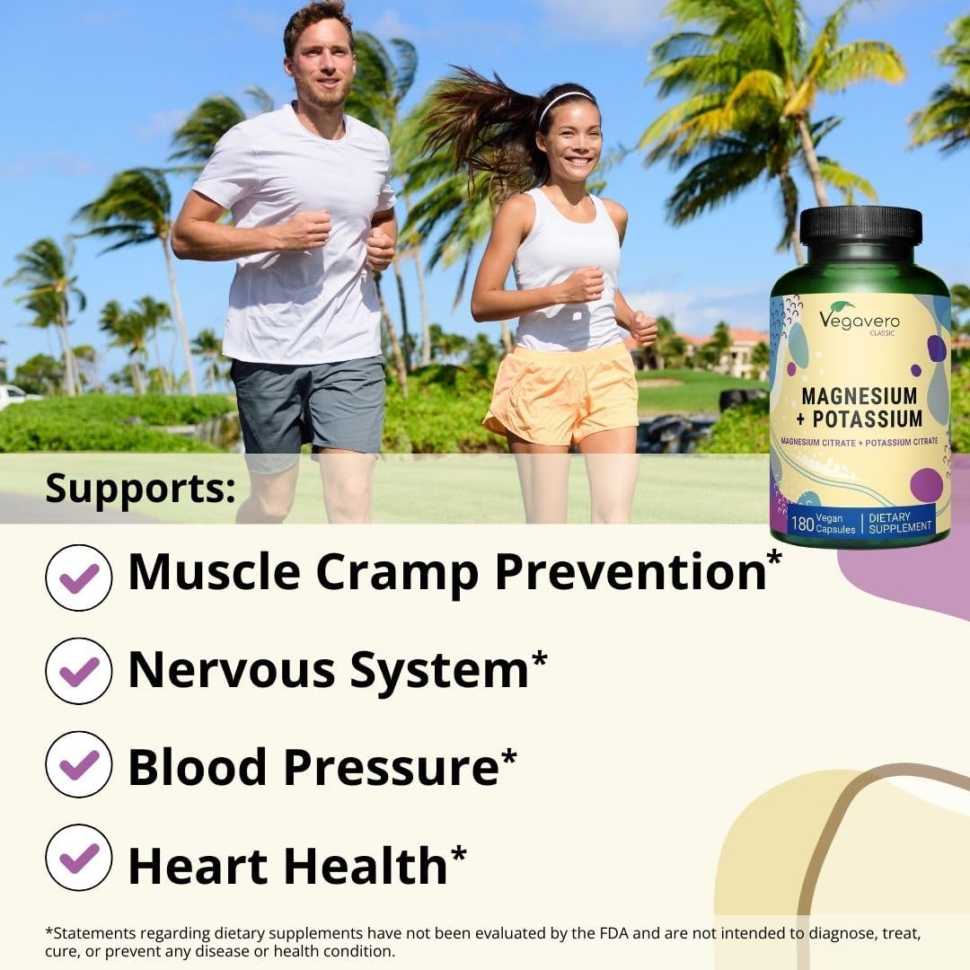 Vegavero Potassium and Magnesium Citrate Supplement - High Bioavailability for Blood Pressure and Nerve Support - 180 Vegan Capsules