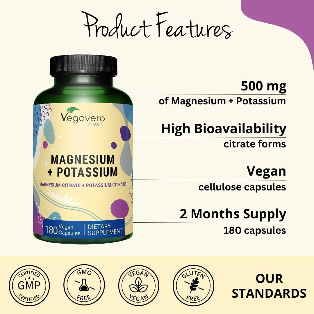 Vegavero Potassium and Magnesium Citrate Supplement - High Bioavailability for Blood Pressure and Nerve Support - 180 Vegan Capsules