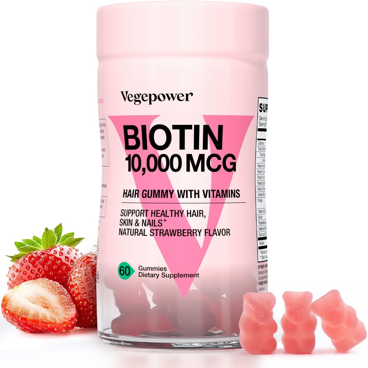 VEGEPOWER Biotin Gummies 10000mcg for Hair Growth - Vegan Supplement for Healthy Hair, Skin & Nails - Non-GMO Hair Vitamin Bears for Women & Men - Strawberry - 60 Count