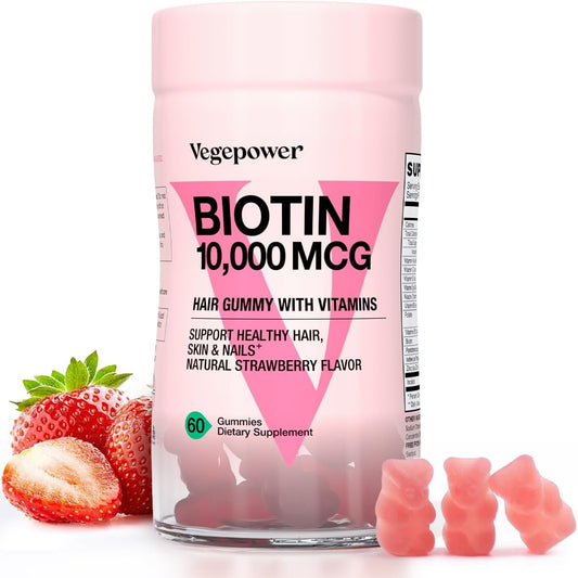 VEGEPOWER Biotin Gummies 10000mcg for Hair Growth - Vegan Supplement for Healthy Hair, Skin & Nails - Non-GMO Hair Vitamin Bears for Women & Men - Strawberry - 60 Count