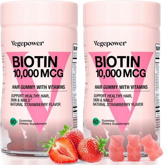 VEGEPOWER Biotin Gummies 10000mcg with Vitamin C, A, D, B-Complex, Folate, Zinc - Vegan Hair Growth Supplement for Women - Non-GMO Strawberry Gummy Bears, 120ct