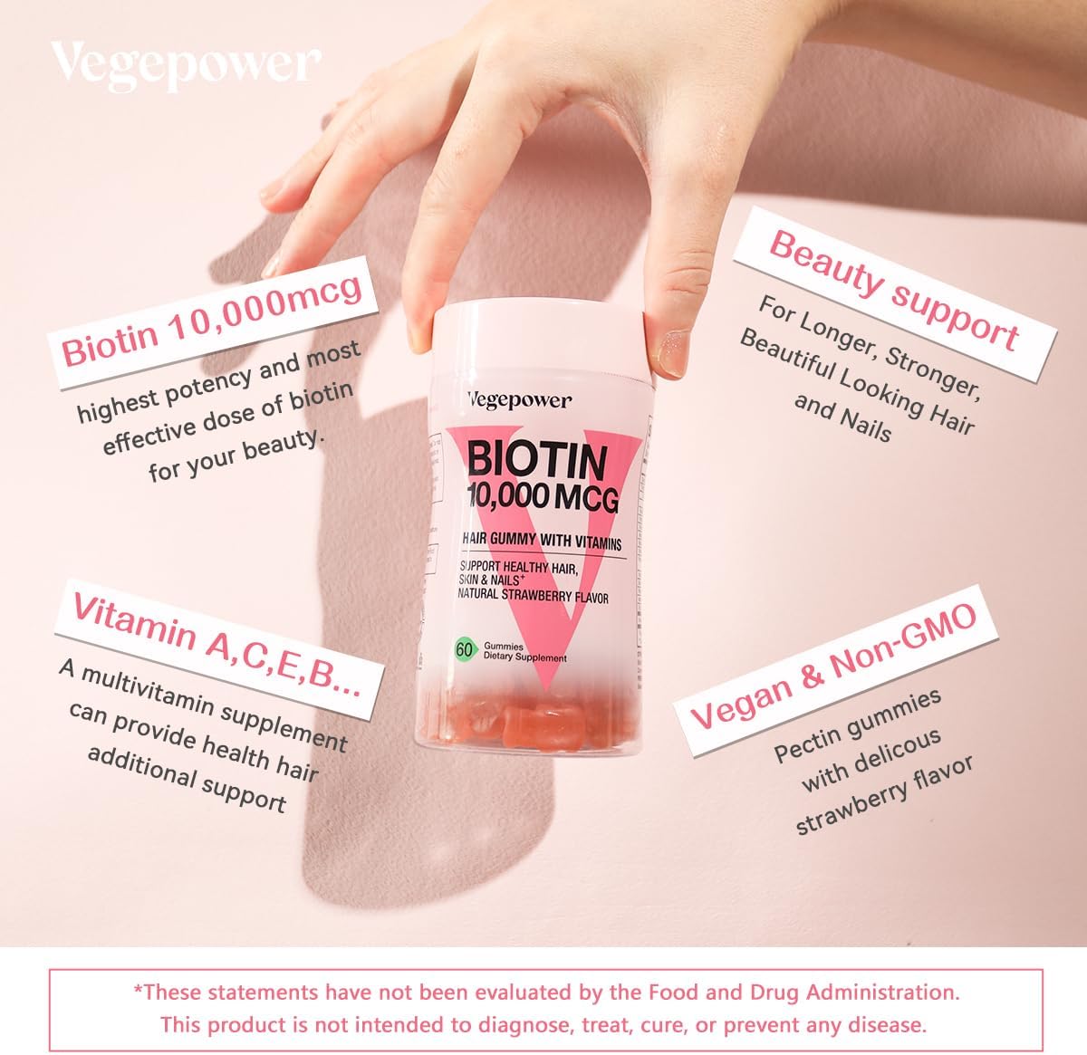 VEGEPOWER Biotin Gummies 10000mcg with Vitamin C, A, D, B-Complex, Folate, Zinc - Vegan Hair Growth Supplement for Women - Non-GMO Strawberry Gummy Bears, 120ct