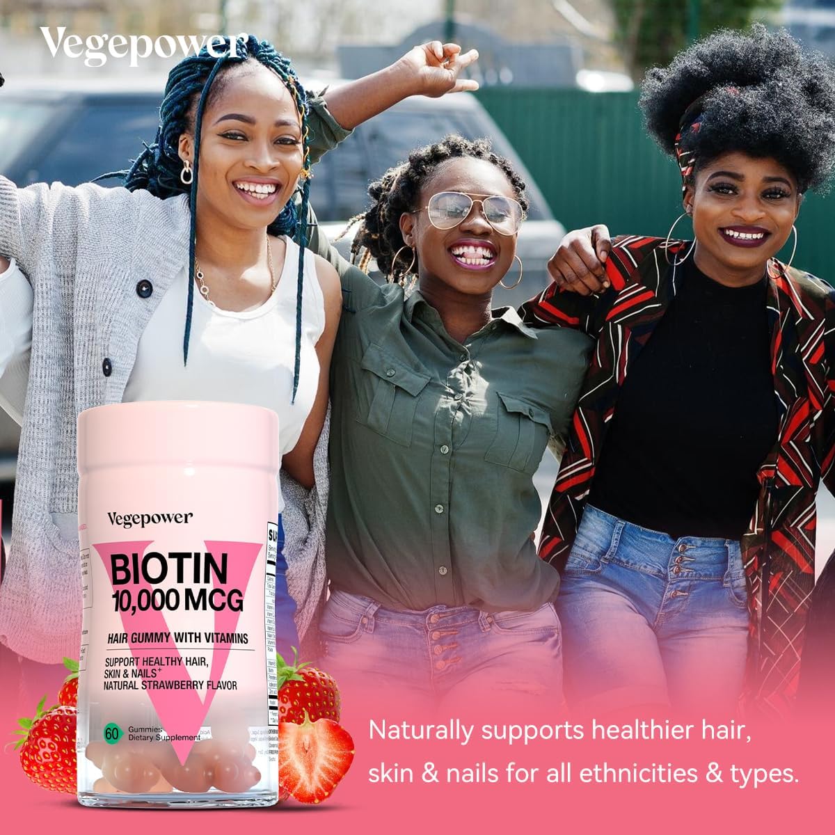 VEGEPOWER Biotin Gummies 10000mcg with Vitamin C, A, D, B-Complex, Folate, Zinc - Vegan Hair Growth Supplement for Women - Non-GMO Strawberry Gummy Bears, 120ct
