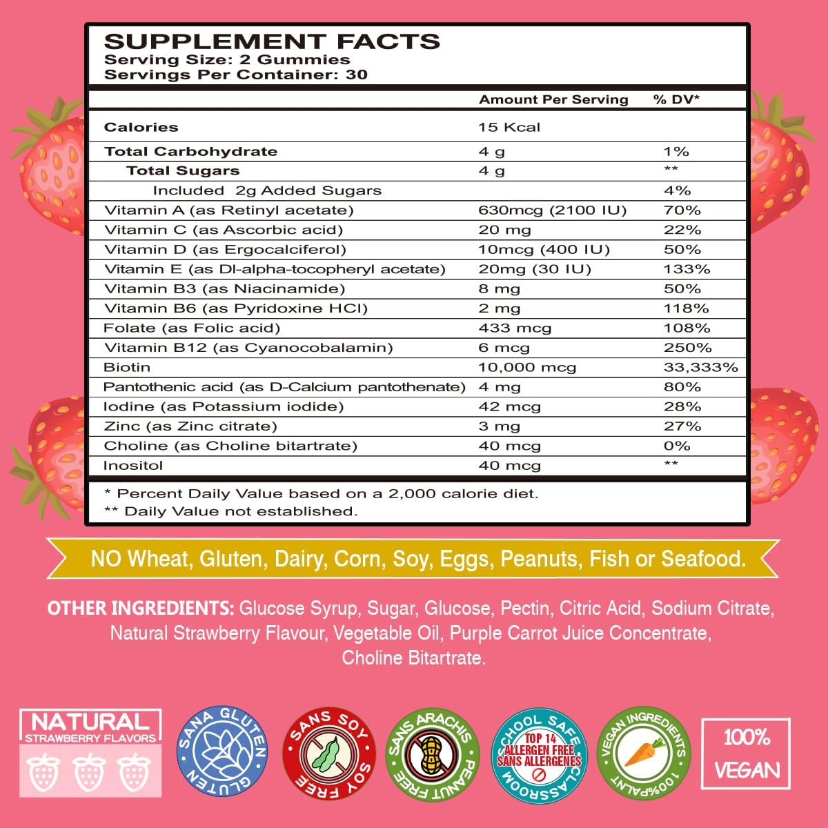 VEGEPOWER Biotin Gummies 10000mcg with Vitamin C, A, D, B-Complex, Folate, Zinc - Vegan Hair Growth Supplement for Women - Non-GMO Strawberry Gummy Bears, 120ct