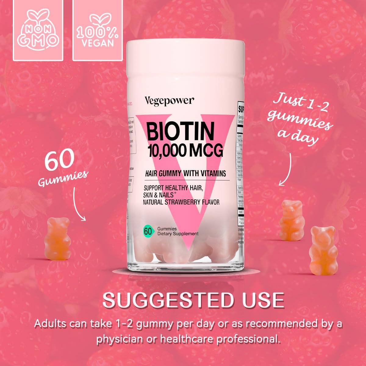 VEGEPOWER Biotin Gummies 10000mcg with Vitamin C, A, D, B-Complex, Folate, Zinc - Vegan Hair Growth Supplement for Women - Non-GMO Strawberry Gummy Bears, 120ct