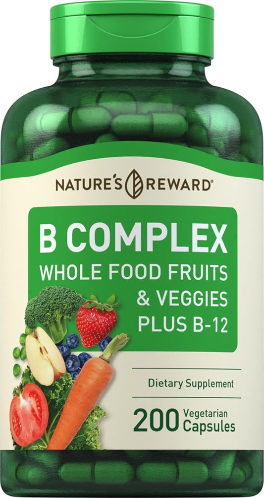 Vegetarian B Complex Supplement with Whole Food Fruits & Veggies - 200 Capsules with Vitamin B-12 - Non-GMO
