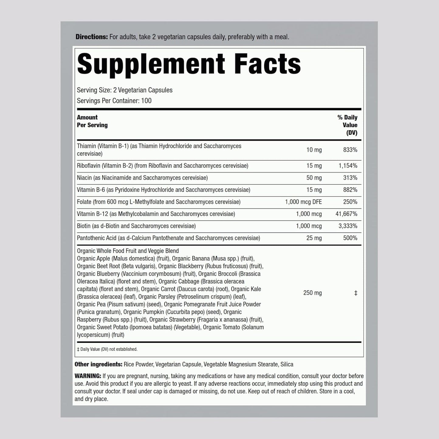 Vegetarian B Complex Supplement with Whole Food Fruits & Veggies - 200 Capsules with Vitamin B-12 - Non-GMO