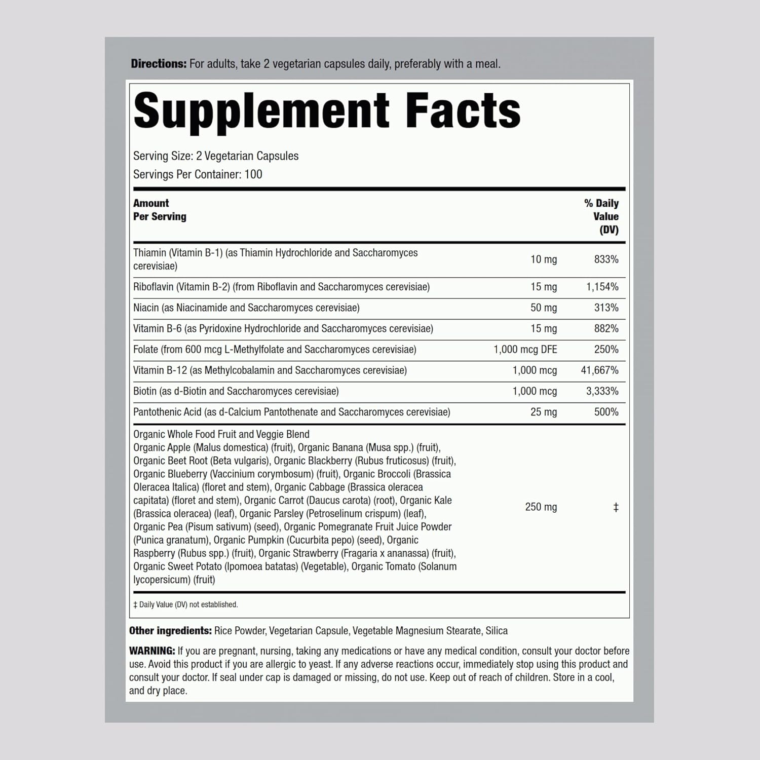 Vegetarian B Complex Supplement with Whole Food Fruits & Veggies - 200 Capsules with Vitamin B-12 - Non-GMO