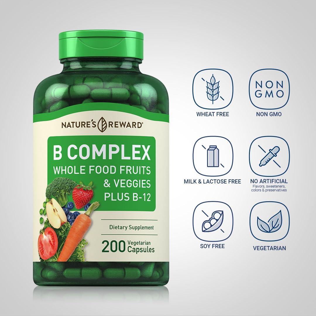 Vegetarian B Complex Supplement with Whole Food Fruits & Veggies - 200 Capsules with Vitamin B-12 - Non-GMO