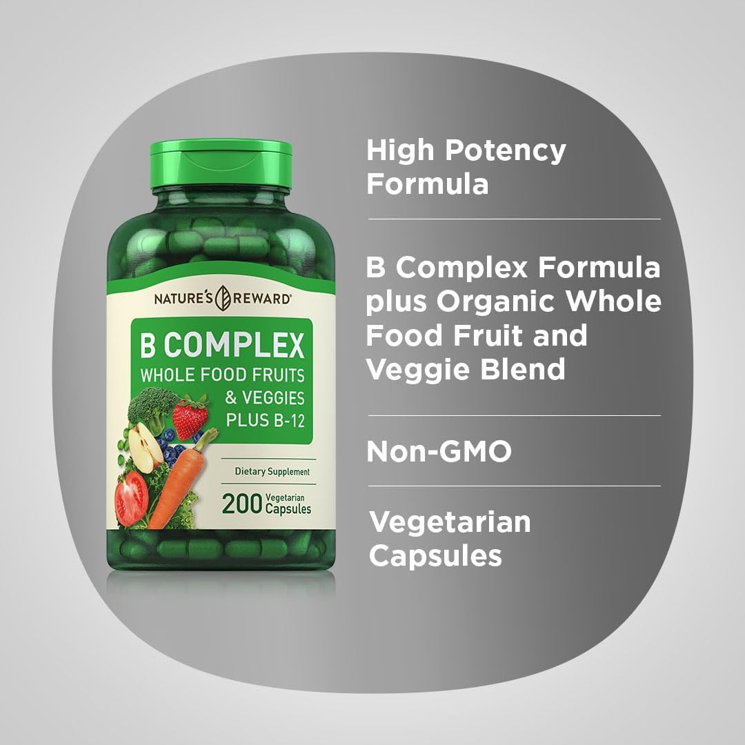 Vegetarian B Complex Supplement with Whole Food Fruits & Veggies - 200 Capsules with Vitamin B-12 - Non-GMO