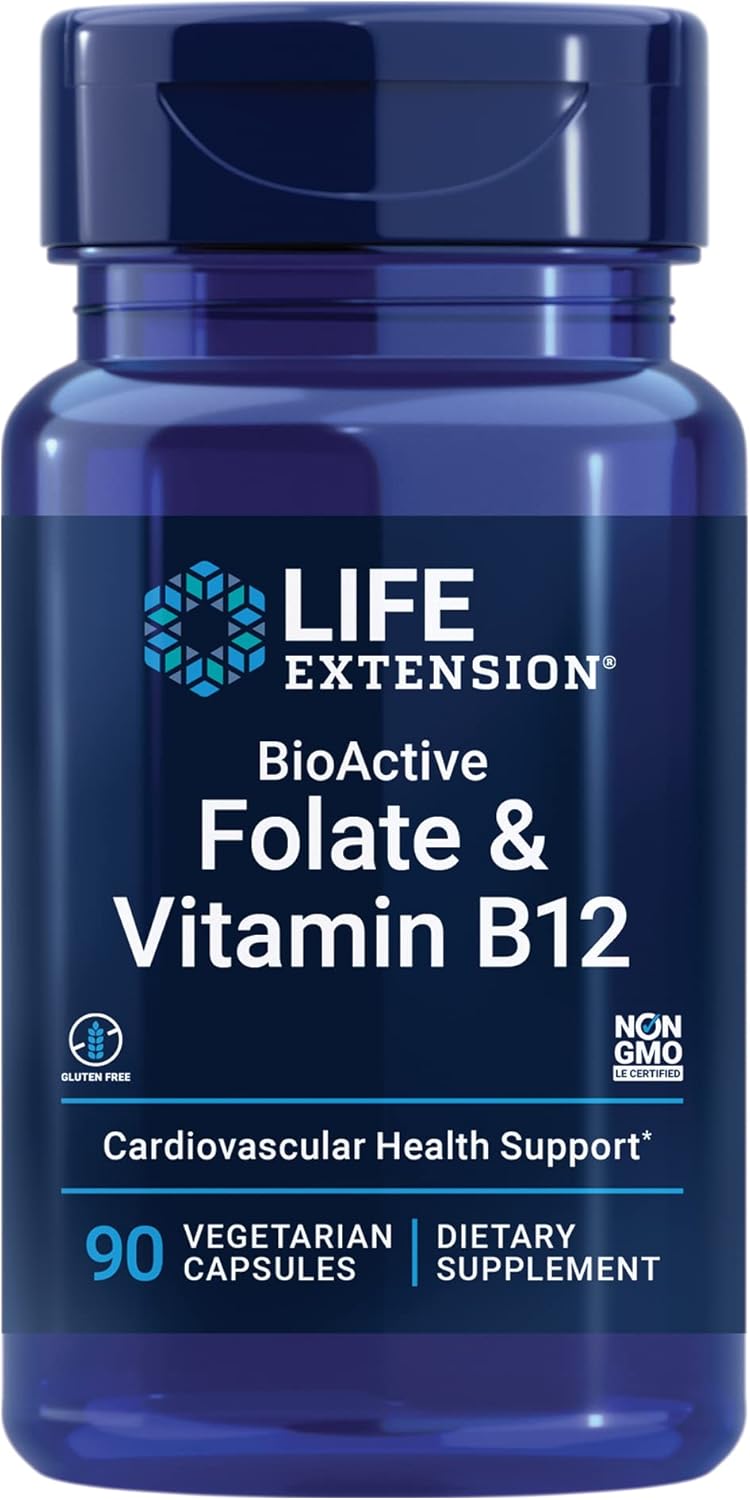 Vegetarian BioActive Folate & Vitamin B12 Capsules for Heart, Brain & Gut Health, Non-GMO, Gluten-Free - 90 Count