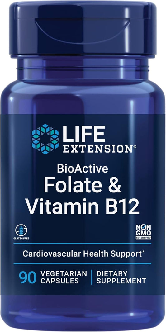 Vegetarian BioActive Folate & Vitamin B12 Capsules for Heart, Brain & Gut Health, Non-GMO, Gluten-Free - 90 Count