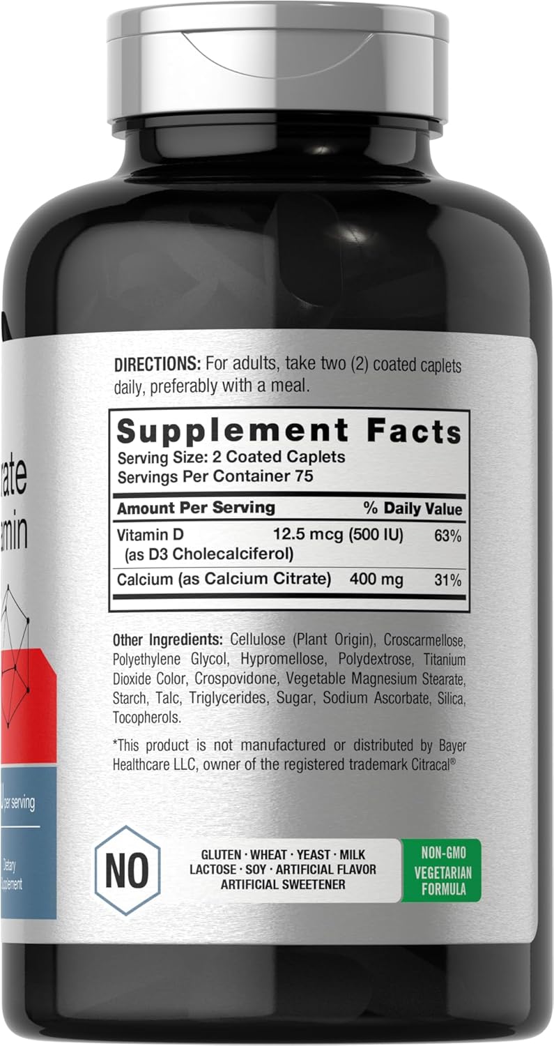 Vegetarian Calcium Citrate with Vitamin D3 Supplement - 150 Petites, Non-GMO & Gluten Free