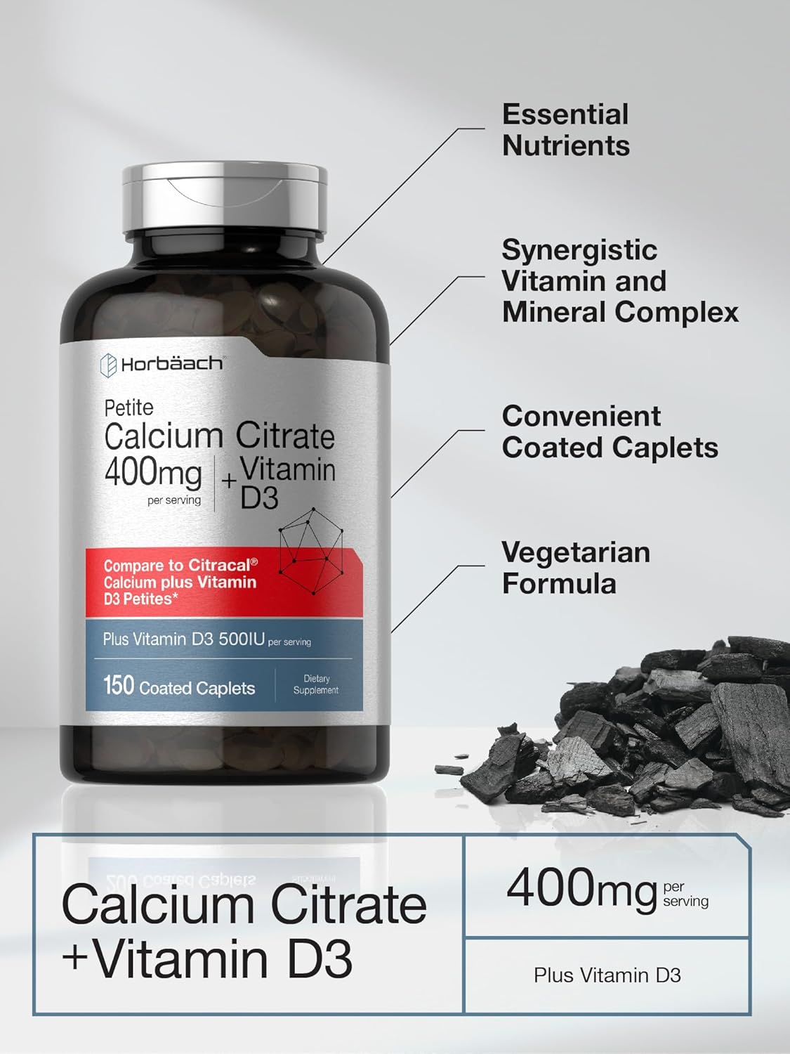 Vegetarian Calcium Citrate with Vitamin D3 Supplement - 150 Petites, Non-GMO & Gluten Free