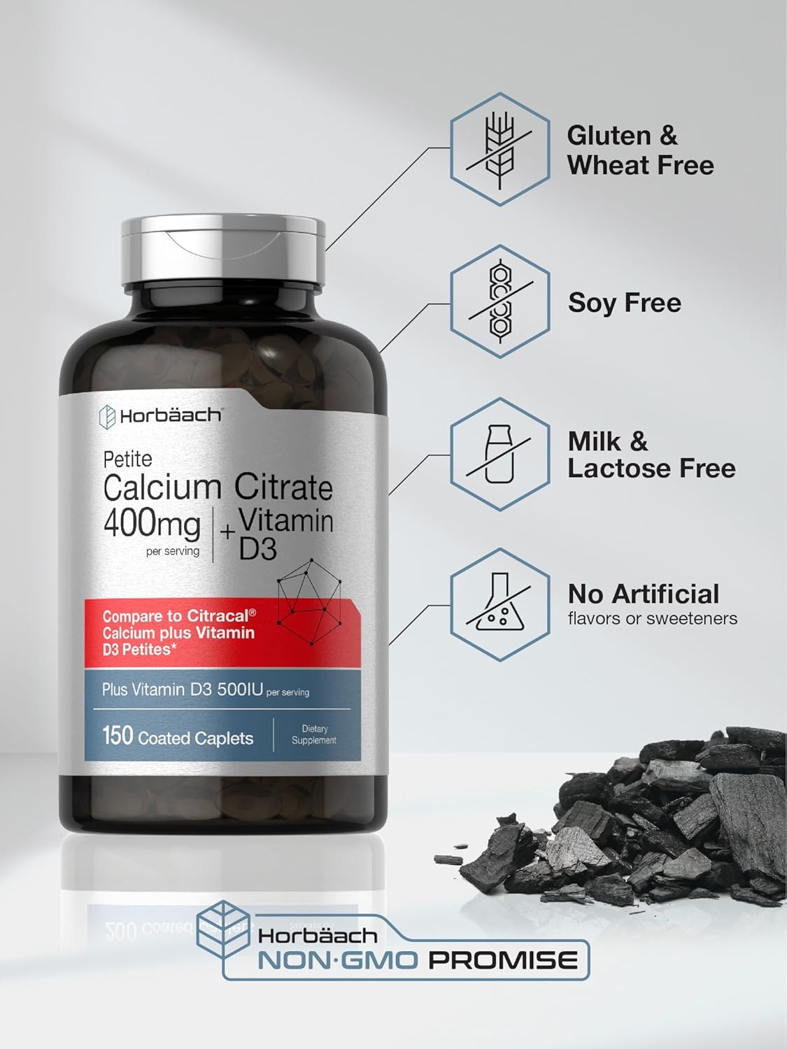 Vegetarian Calcium Citrate with Vitamin D3 Supplement - 150 Petites, Non-GMO & Gluten Free